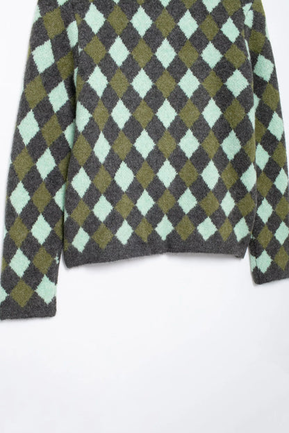 Women Vintage Argyle Sweater | Long Sleeve | Pockets | Knitted Cardigan