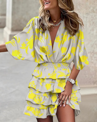 Luna | Women's Printed Ruffle Mini Dress V-Neck Smocked Waist Boho Dress