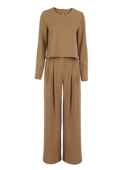 Women Classic 2 Piece Set | Vintage Plain Loose Shirt | Palazzo Floor-Length Pants Brown Set