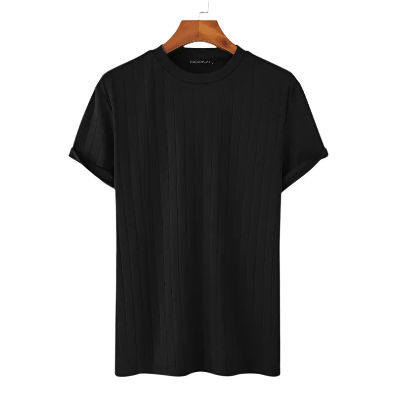 Men Solid Ribbed Top | Round Neck Knitted Shirt | Well Fitting Short Sleeve Black