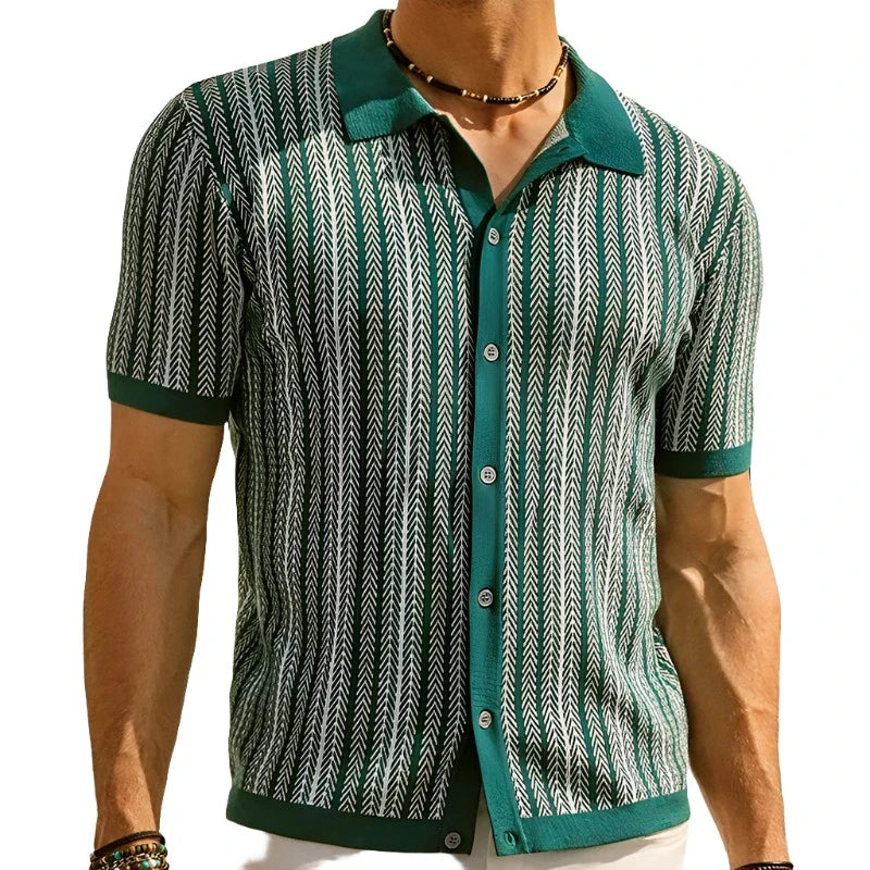 Men Knitted Printed Shirt | Short Sleeve Button Down