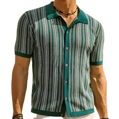 Men Knitted Printed Shirt | Short Sleeve Button Down
