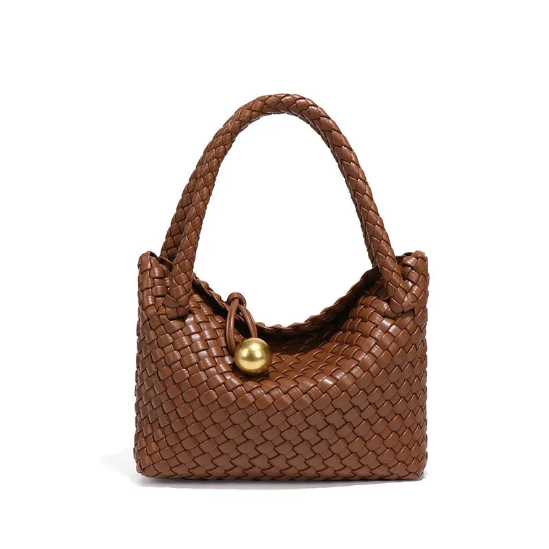Women Leather Woven Small Crescent Crossbody Bag Mocha