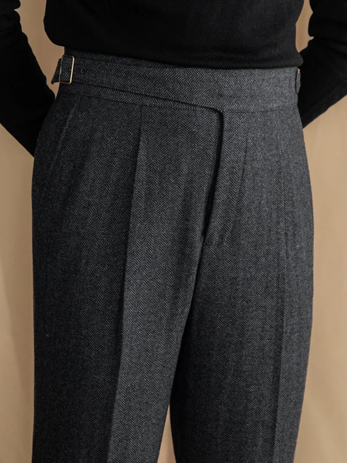 Men Vintage Wool Herringbone Pattern Pants | Casual | British | Warm | High Waist | Straight Pants