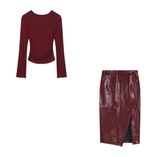 Women Burgundy Two-Piece Suit | Long Sleeve T-Shirt and High Waist Leather Skirt Set