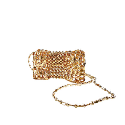 Women Gold Woven Chain Crossbody Bag | Handmade Beaded Bag Gold