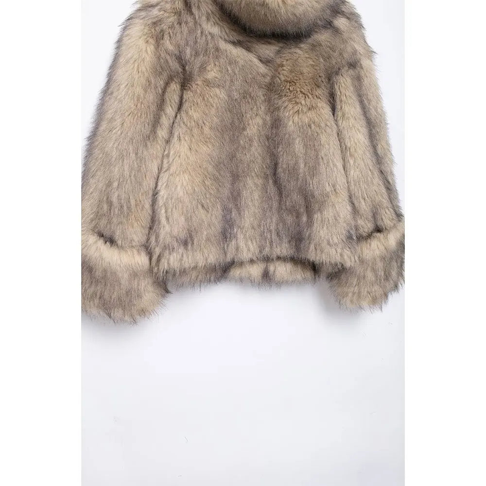 Women Warm Khaki Fur High Collar Jacket | Fur Coat Pullover Hoodie Style
