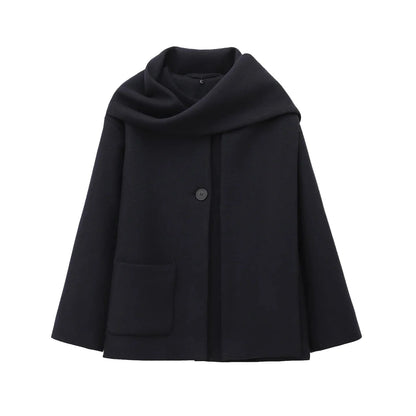 Women Winter Coat with Scarf | Long Sleeves | Round Neck Navy blue