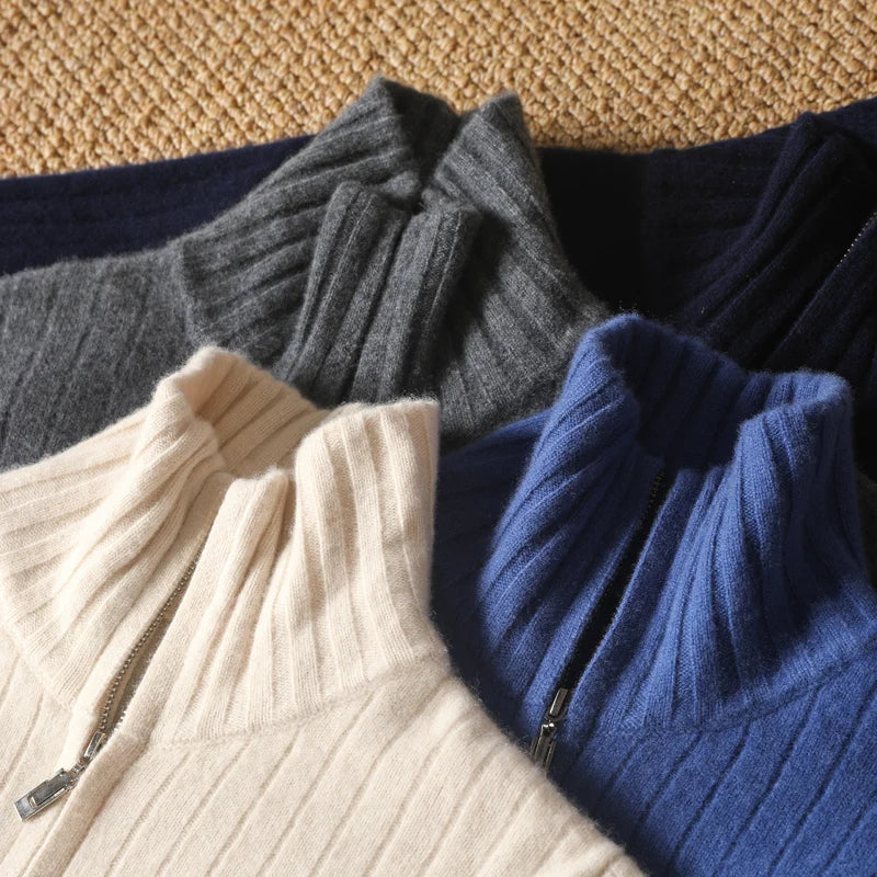 Men Merino Wool Stand-Up Collar Cardigan | Business Casual | Warm Zipper Jacket