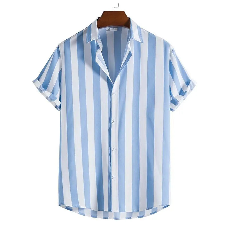 Men Striped Short-Sleeved Button Down Shirt | Casual Loose Lapel Top Light Blue