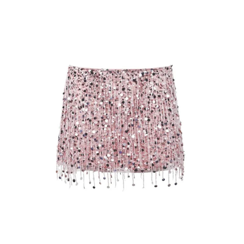Women Pink Summer Tassel Top With Mini Skirt Set | Sequin Crop Top | Backless pink Skirt