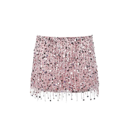 Women Pink Summer Tassel Top With Mini Skirt Set | Sequin Crop Top | Backless pink Skirt