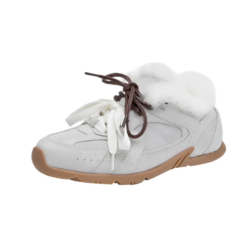 Women Genuine Leather Fur Training Shoes | Winter Velvet Fur Sneakers Beige fluff