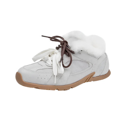 Women Genuine Leather Fur Training Shoes | Winter Velvet Fur Sneakers Beige fluff