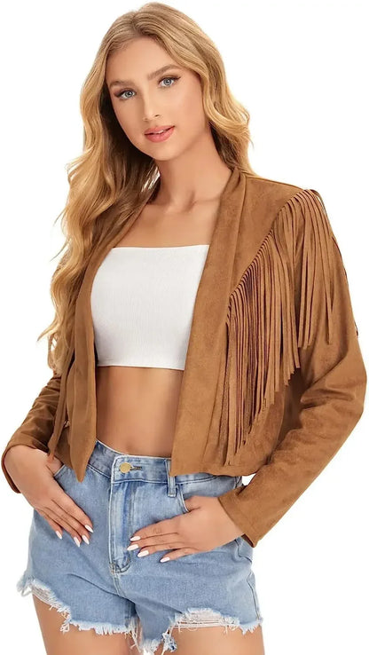 Women Fringed Genuine Leather Jacket | Suede Cowboy Jacket | Fringe Jacket camel