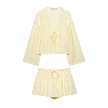 Women Crinkle Effect Top and Short Set | 2 Piece | Casual V Neck Lace Up | Kimono Top | Shorts With Drawstring Set