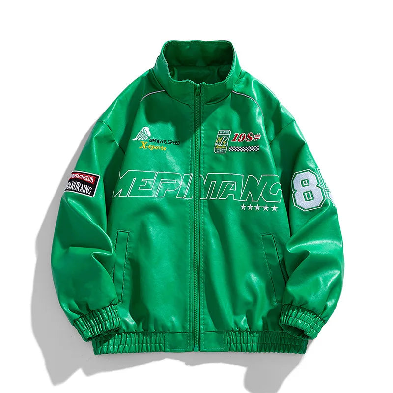 Men Leather Bomber Jacket | Casual Streetwear Leather Jacket Green