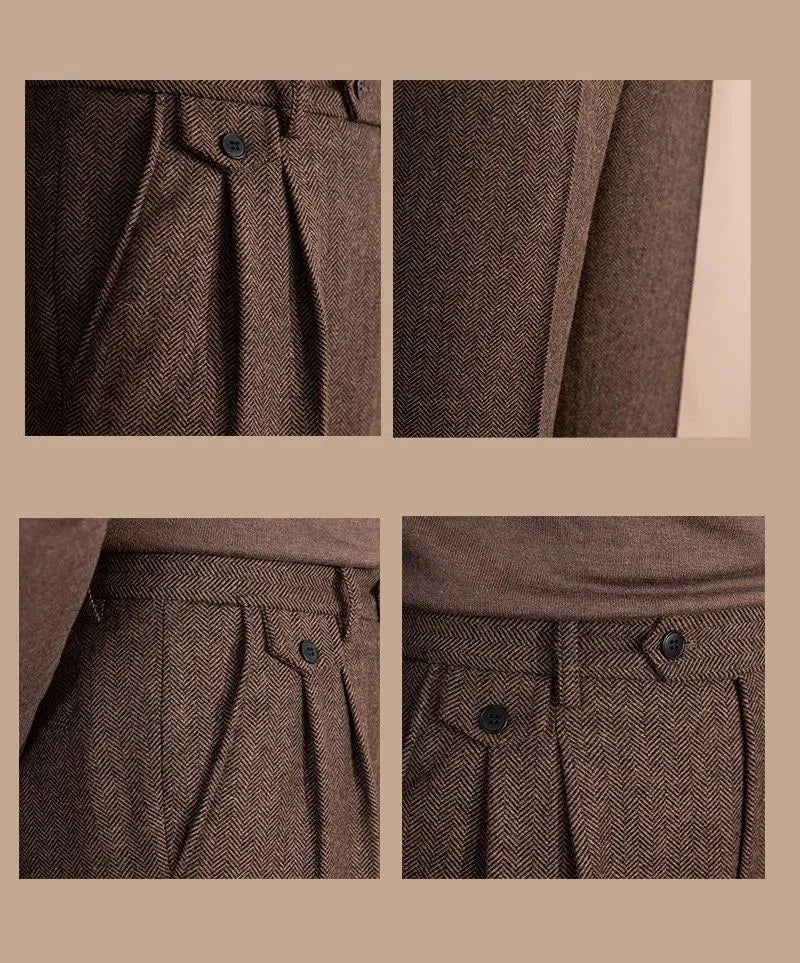Men High-Waisted Woolen Pants | Herringbone | Italian Vintage Pants | Suit Pants | Warm | Straight Fit