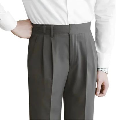 Men Vintage High Waisted Pleated Pants Dark Gray