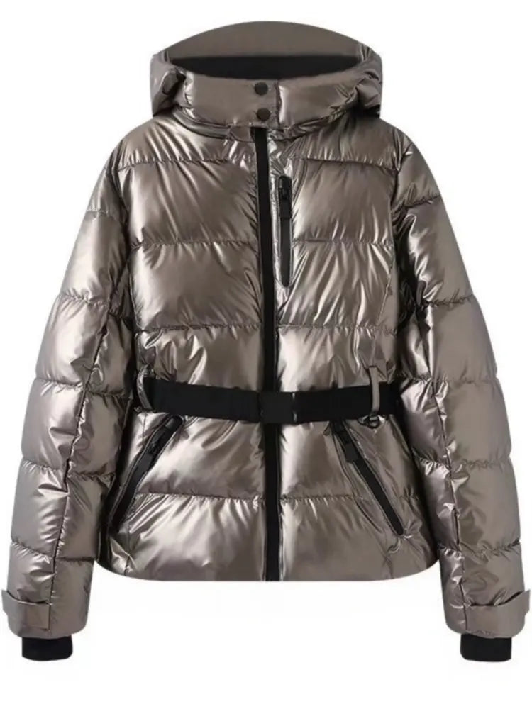 Women Winter Windproof Skiing Jacket | Padded Sport Parkas Jacket | Belt | Hooded | Thick | Warm | Pockets Silver