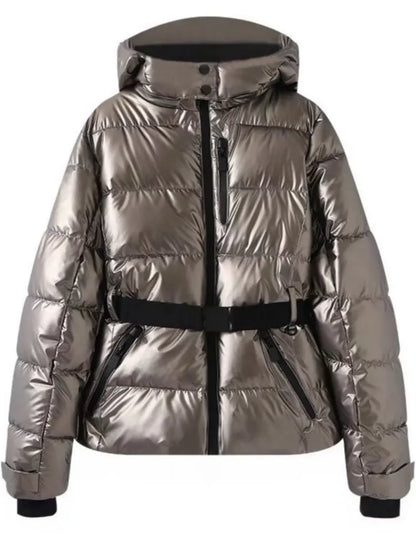 Women Winter Windproof Skiing Jacket | Padded Sport Parkas Jacket | Belt | Hooded | Thick | Warm | Pockets Silver