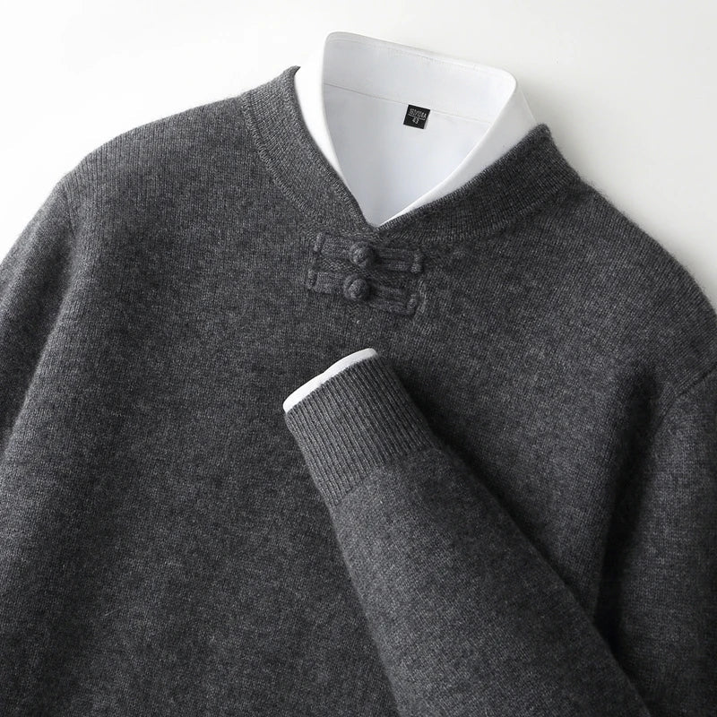 Men Pure Merino Wool Sweater | Long Sleeves | Stand-Up Collar | Pullover | Warm | Mock Neck Sweater Dark Grey