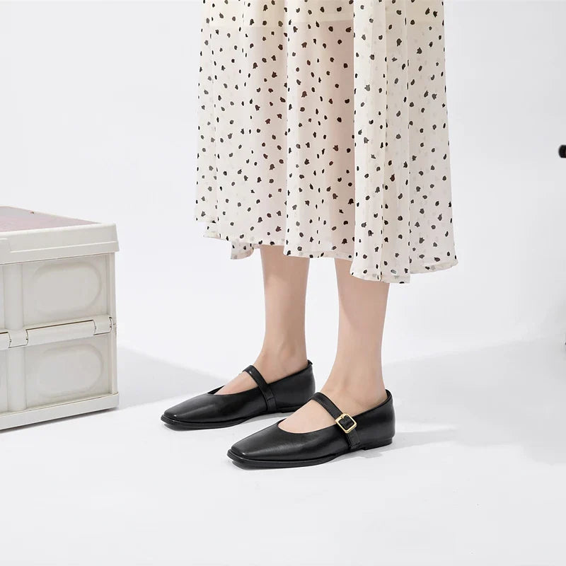 Women Mary Jane Shoes | Genuine Leather | Ballet Shoes | Square Toe Flat Shoes