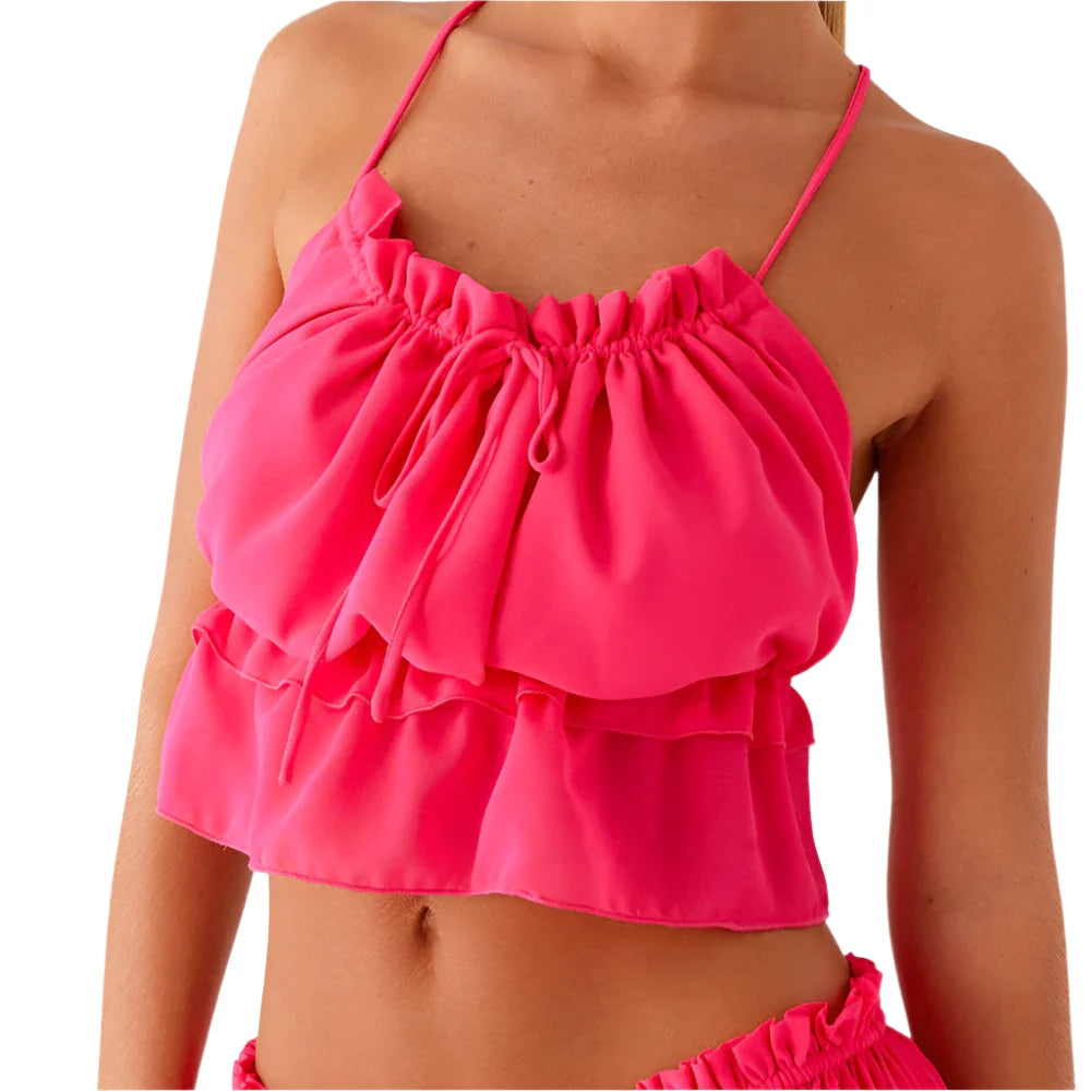 Women Summer Coquette Cropped Cami Top | Backless Spaghetti Straps Tank Top pink