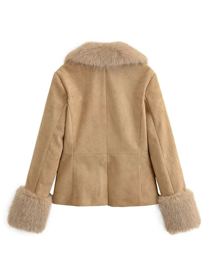 Women Suede Fur Collar Coat | Long Sleeve | V-Neck | Warm | Slim Fit Jacket | Winter | Party | Streetwear