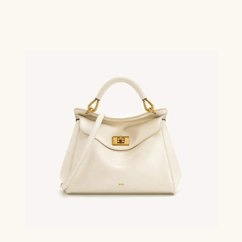 Women Leather Pillow Bag | Lock Clasp Handbag | Small Handbag | Shoulder Bag | Crossbody Bag White