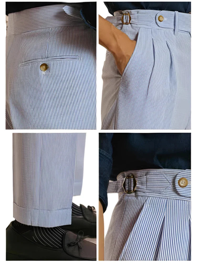 Men Classic Striped High Waist Suit Pants | Pleated Slim Pants