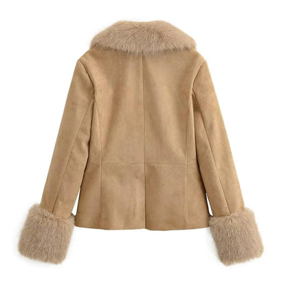 Women Suede Fur Collar Coat | Long Sleeve | V-Neck | Warm | Slim Fit Jacket | Winter | Party | Streetwear