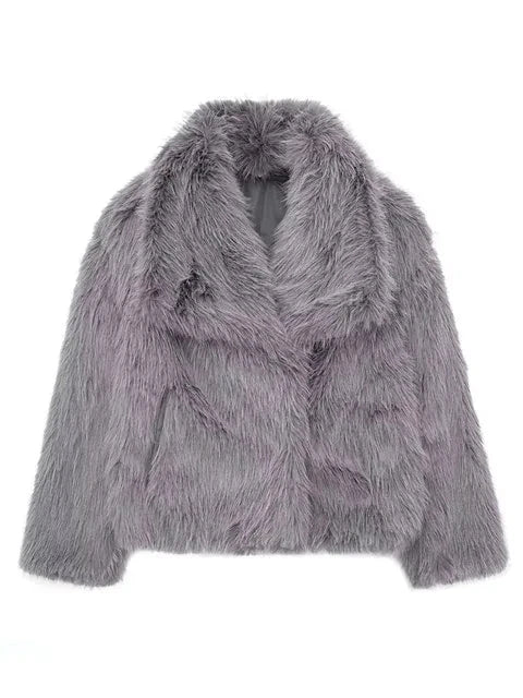 Women Short Woven Fur Coat | Loose Stand Collar Long Sleeve Coat Grey 2