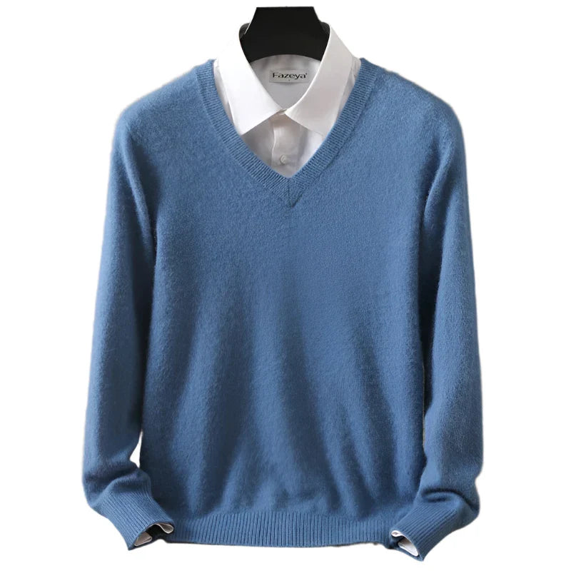 Men Cashmere V-Neck Pullover | Cashmere Knitted Sweater | Mink Winter Long Sleeve Top Haze blue