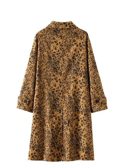 Women Leopard Print Long Coat | Single Breasted Trench Coat