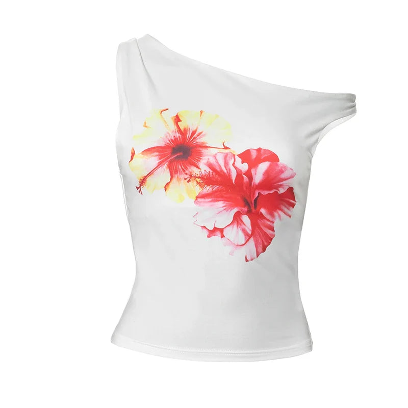 Women One Shoulder Backless Tank Top | Floral Printed Sleeveless Crop Top | Summer Graphic Top