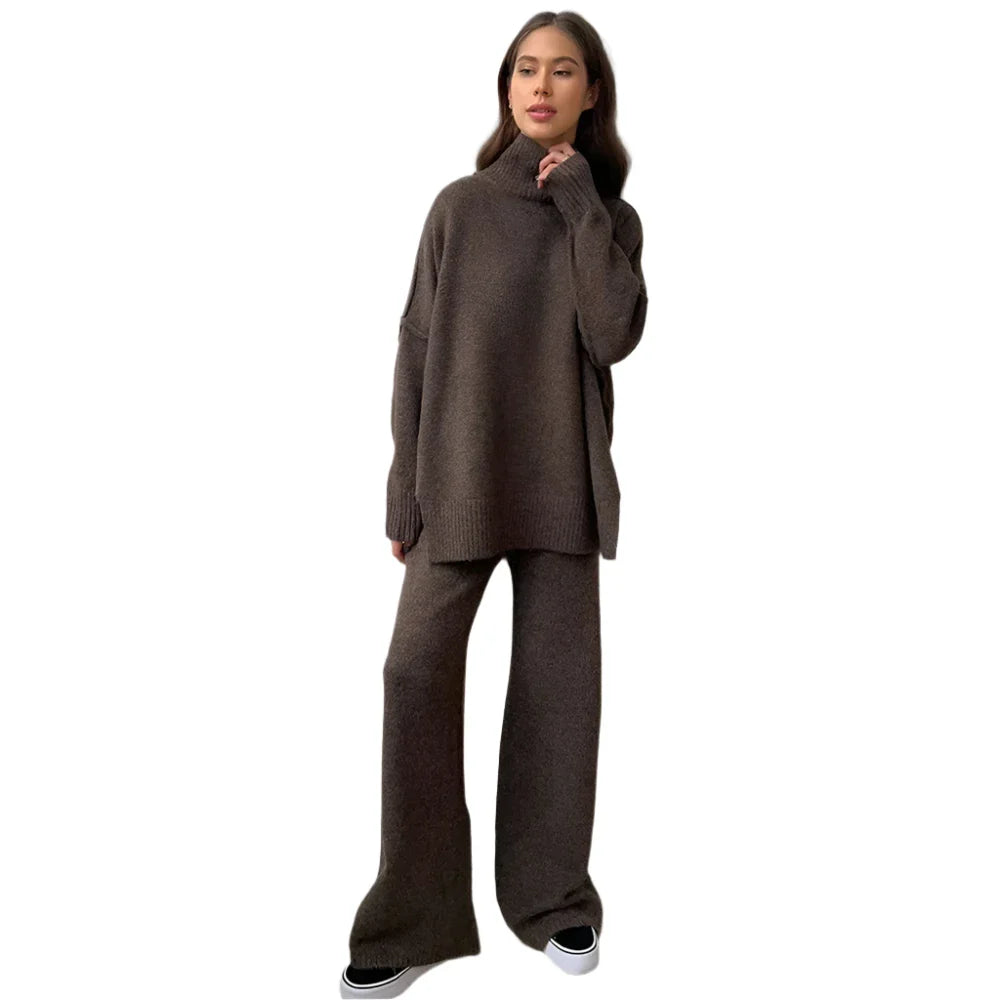 Women Knitted Turtleneck Sweater and High Waisted Trousers Set | Winter Casual Knitwear