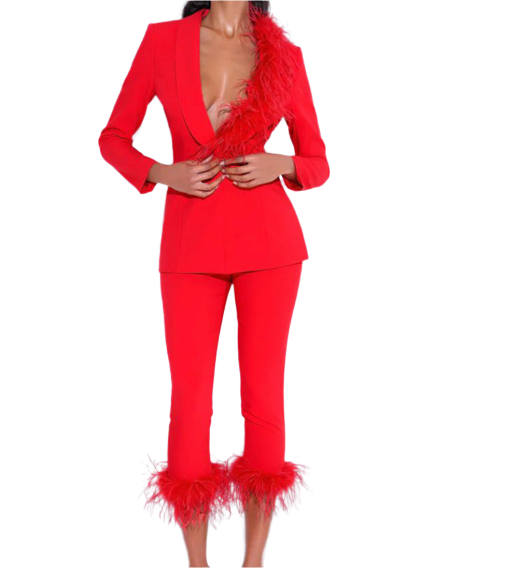 ESLEVA Feathers Bodycon Suit RED