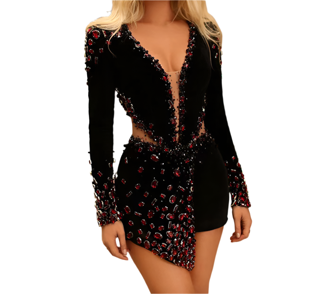 SABRINA Long Sleeve Crystals Bandage Dress
