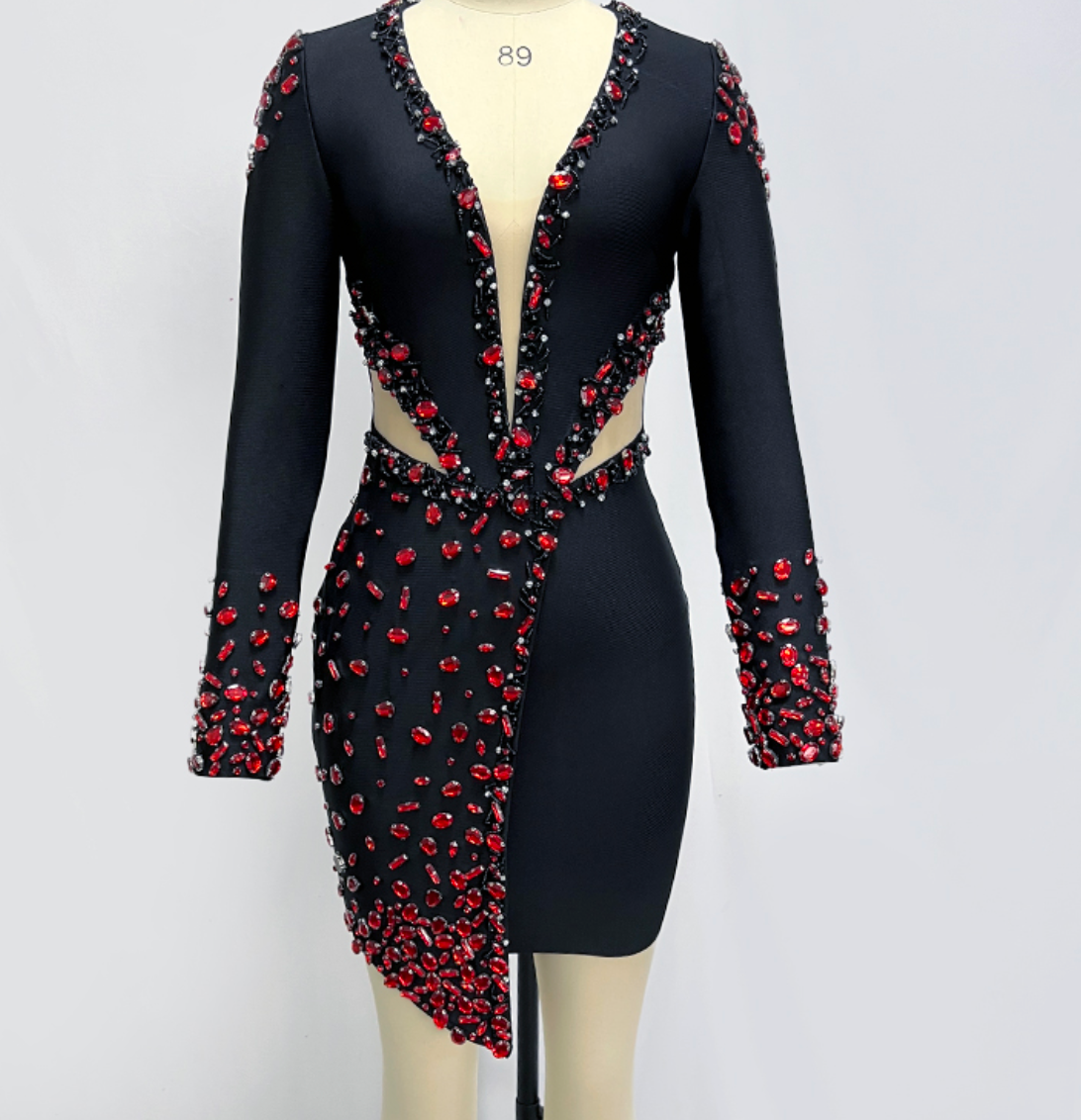 SABRINA Long Sleeve Crystals Bandage Dress