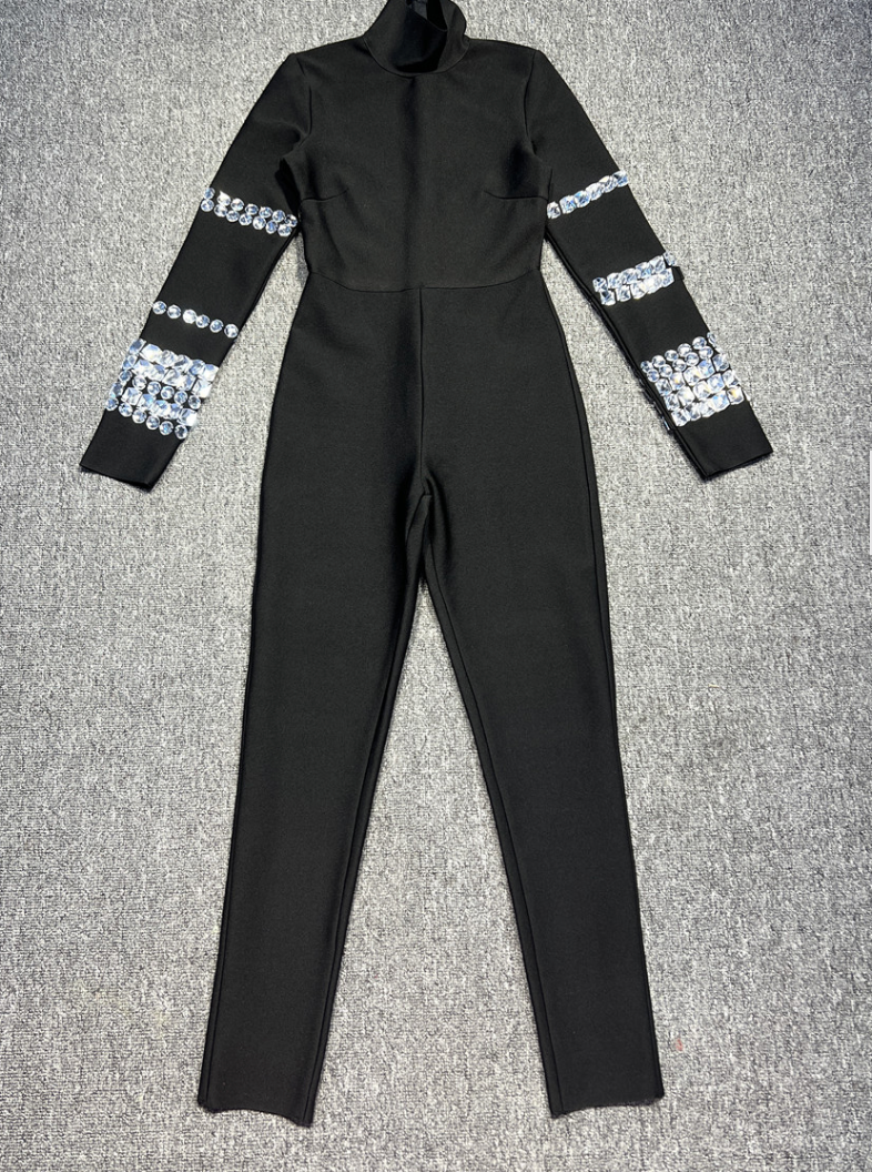 ANDREA Long Sleeve Crystals Bandage Jumpsuit