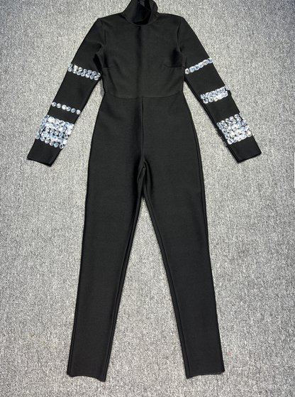 ANDREA Long Sleeve Crystals Bandage Jumpsuit