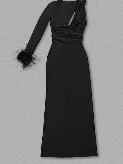 JANAURIA One Sleeve Feathers Maxi Dress