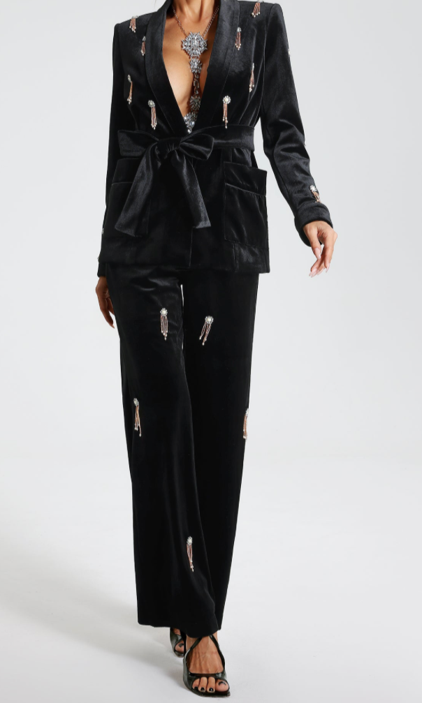 GENOVEVA Velvet Aplique Bodycon Suit BLACK