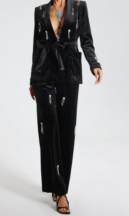 GENOVEVA Velvet Aplique Bodycon Suit BLACK