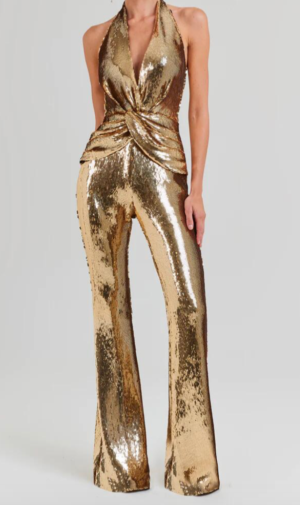 MIREYA Halter Gold Sequins Bodycon Jumpsuit