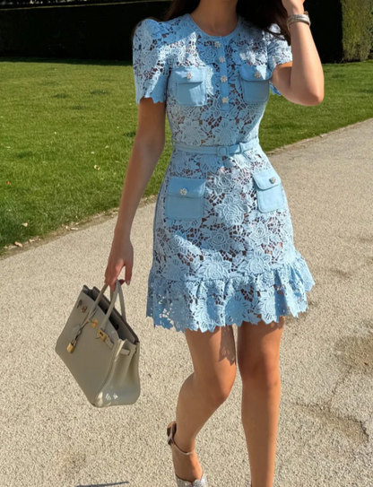 ANANDA SHORT SLEEVE EMBROIDERED FLORAL DRESS BABY BLUE