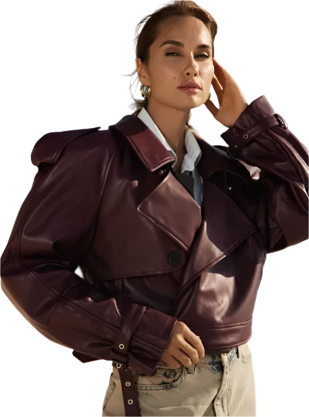 Women Short Burgundy Leather Biker Jacket | Long Sleeve Ladies Locomotive Outerwear Burgundy
