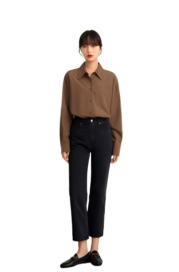 Women Vintage Brown Button Down Blouse | Office Wear Long Sleeve Plain Shirt