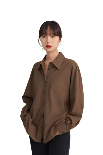 Women Vintage Brown Button Down Blouse | Office Wear Long Sleeve Plain Shirt Coffee
